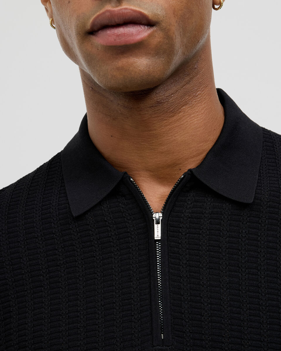 Textured Zip-up Knit Polo, Black Textured Zip-up Knit Polo, Black, hi-res